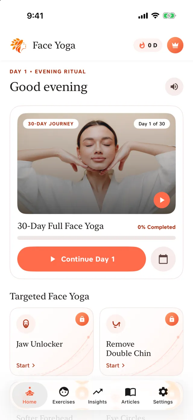 Face Yoga app: Pick up Day 1 of the 30-day journey