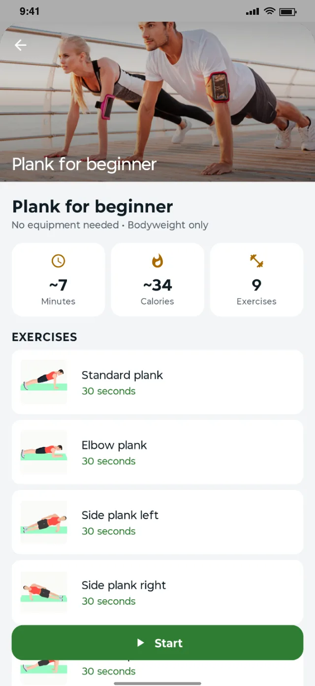 Plank Workout: Time, calories and every plank