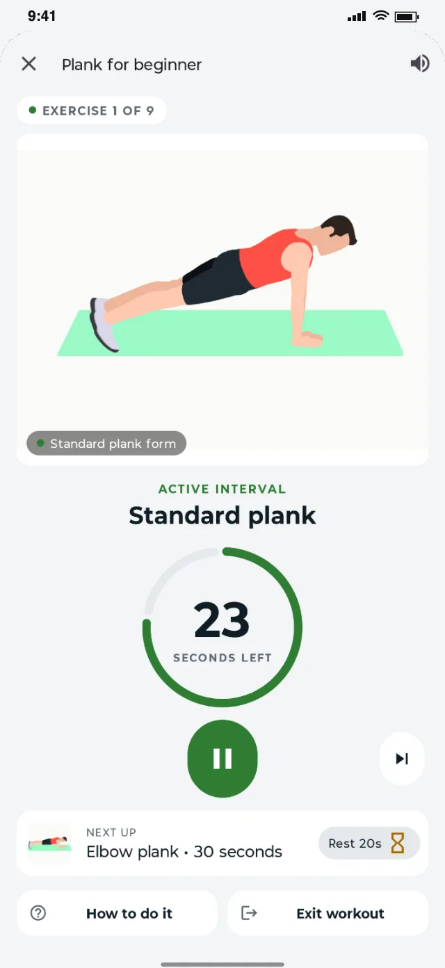 Plank Workout: Countdown ring and voice cues