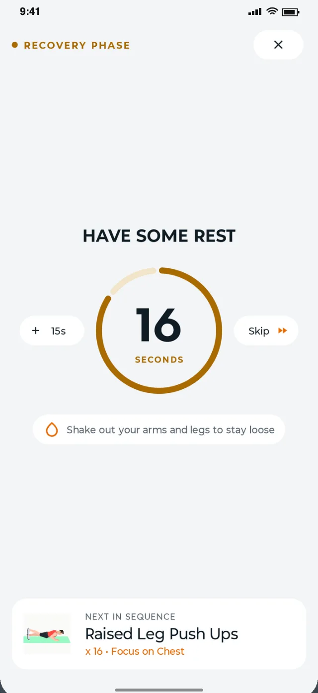 Full Body Workout: Rest timer with +15s and Skip